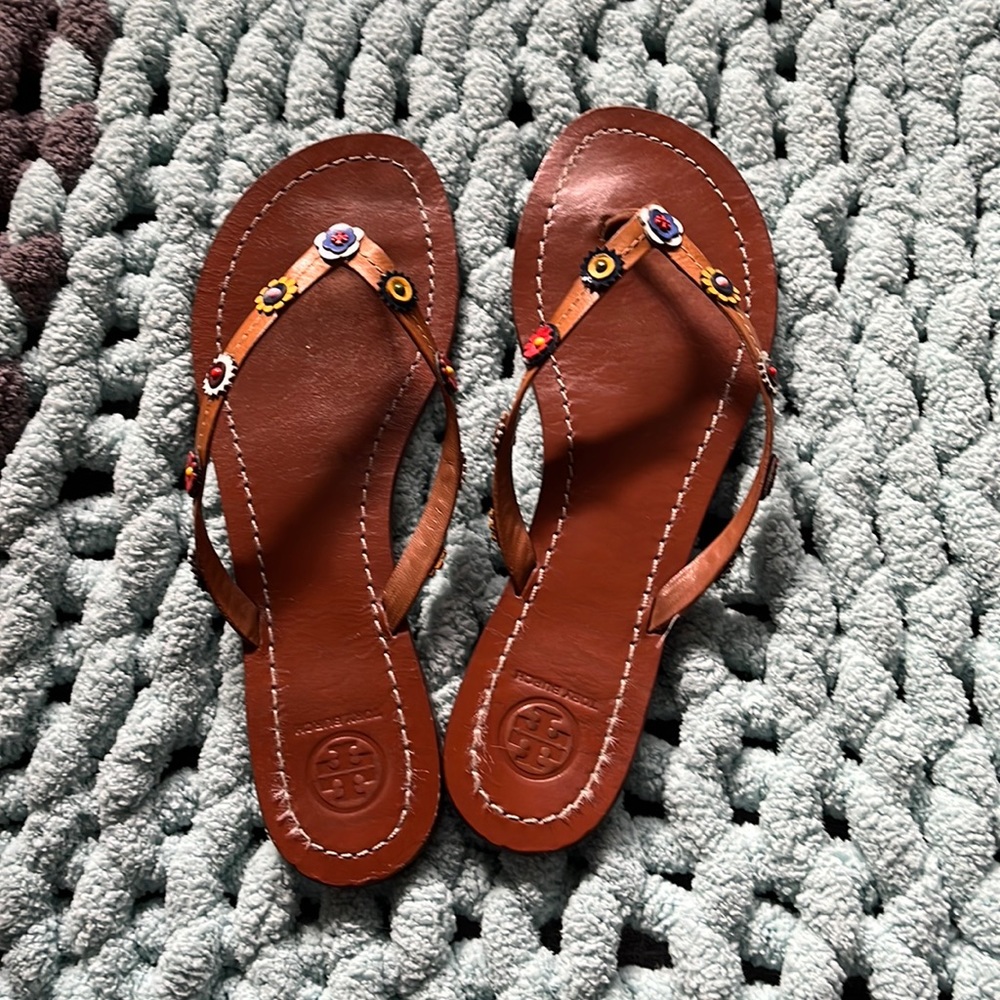 Tory Burch flip flops brown leather size 9